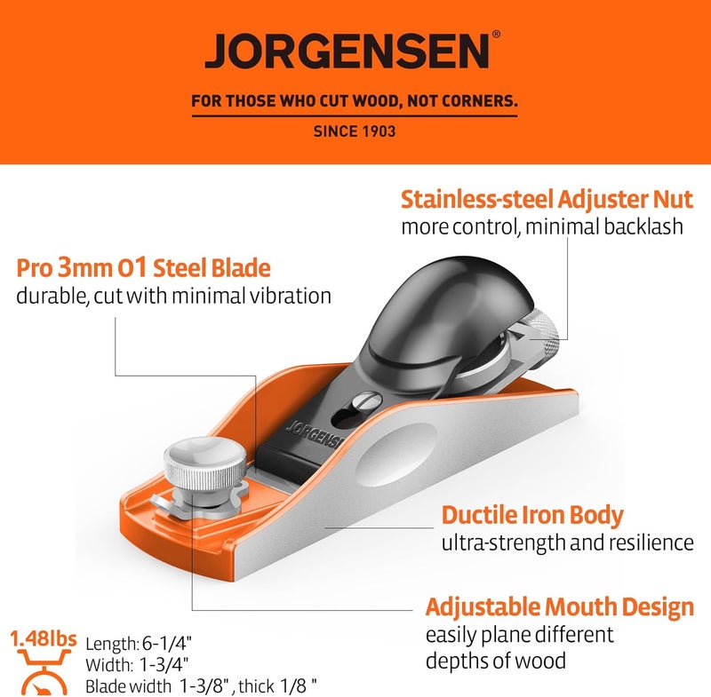 Jorgensen NO.60-1/2 6-1/4" Wood Planer, Hand Planer for Woodworking, Low Angle Block Plane, Small Hand Plane for Trimming, Wood Planing, Craft - Professional Ductile Iron Body, Adjustable Mouth - Image 2